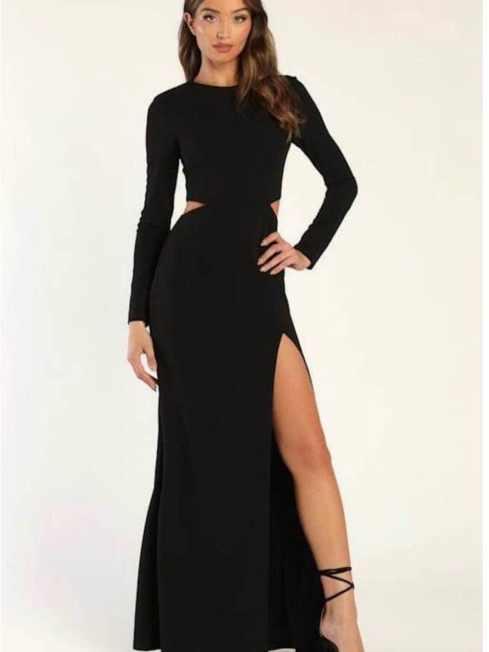 Lulu's Black Long Sleeve Cutout Gown with High Slit